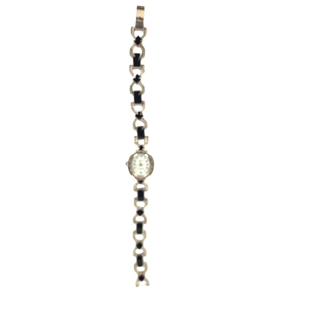 Novelle Quartz Watch Womens Silver Tone Black Geometric Link Art Deco Style